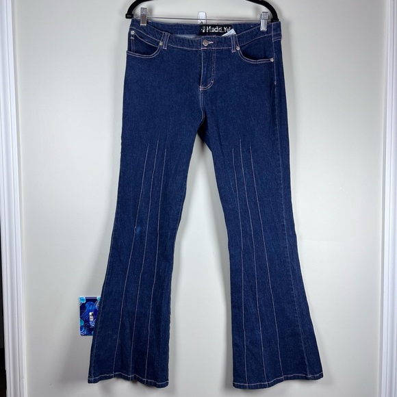 Y2K Mudd Yo! Dark Blue Denim Flare Jeans Stitching Size 13 Festival - Picture 1 of 11